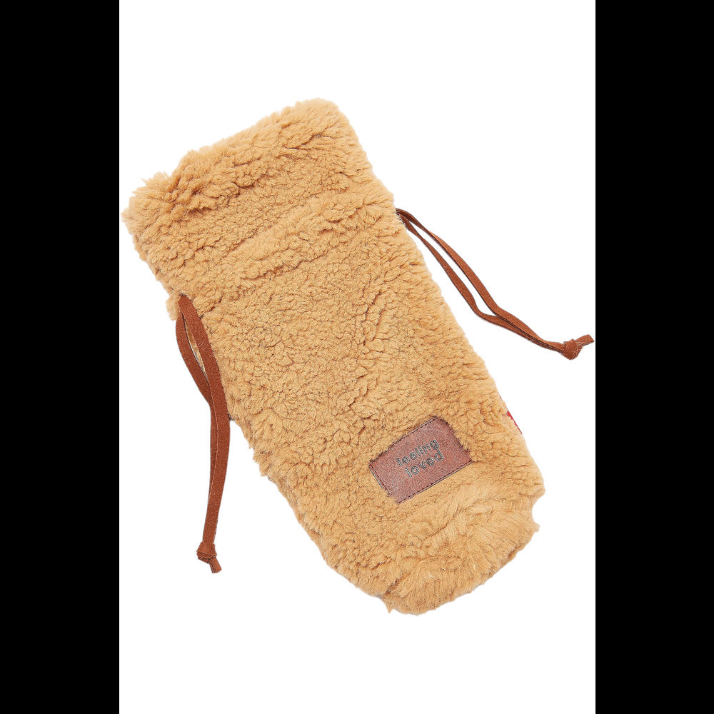 Peace Love World Faux Fur Wine Bag with Drawstring Tan